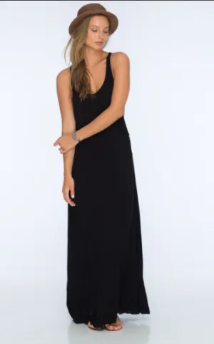 Indah Pilar Solid Rayon Crepe Center Panel Maxi Dress | Black