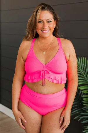 Island Essence Ruffle Swim Top- Hot Pink Ribbed