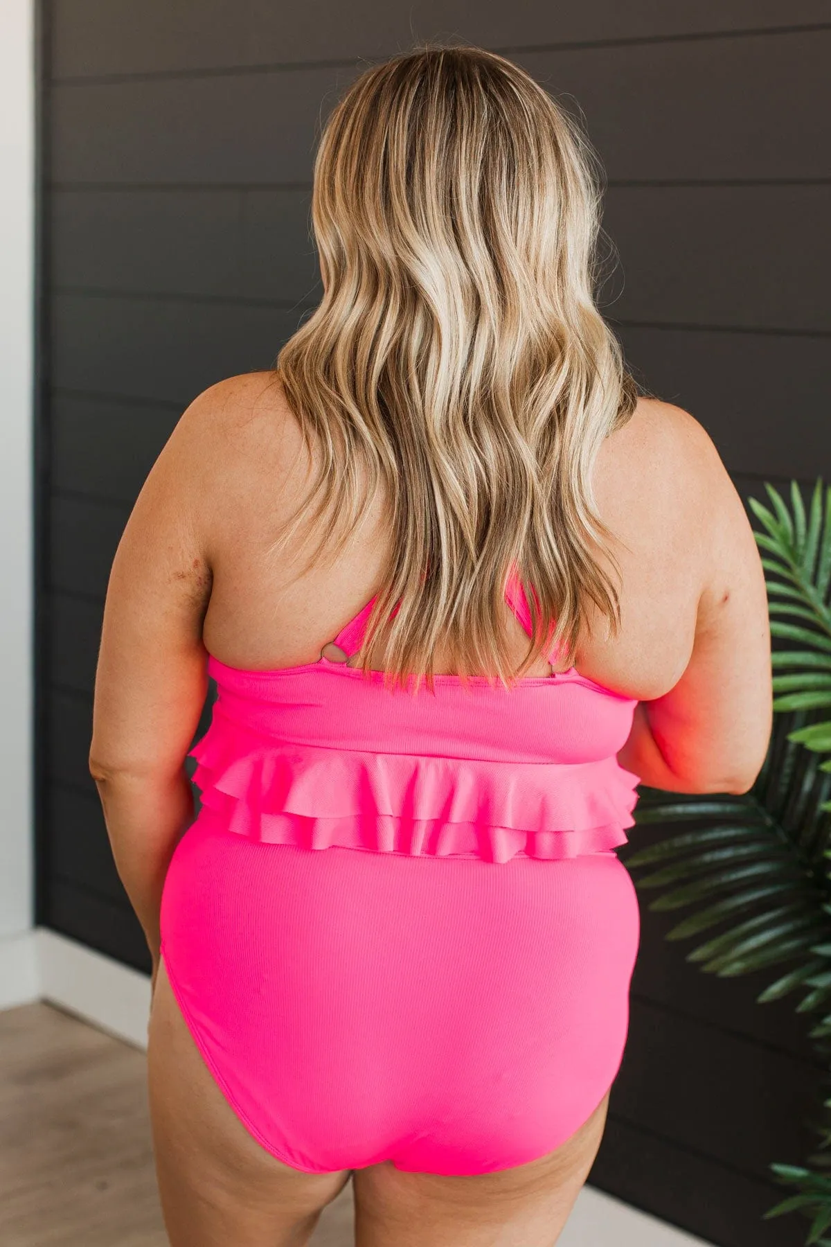 Island Essence Ruffle Swim Top- Hot Pink Ribbed