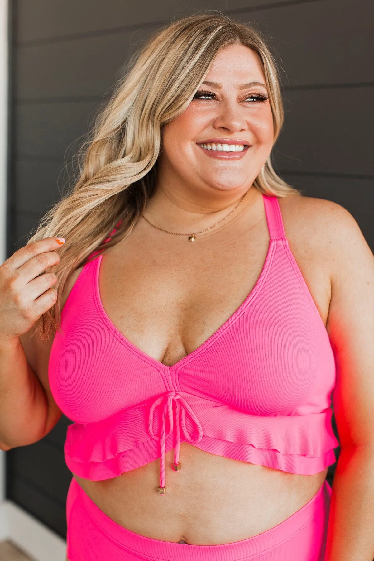 Island Essence Ruffle Swim Top- Hot Pink Ribbed