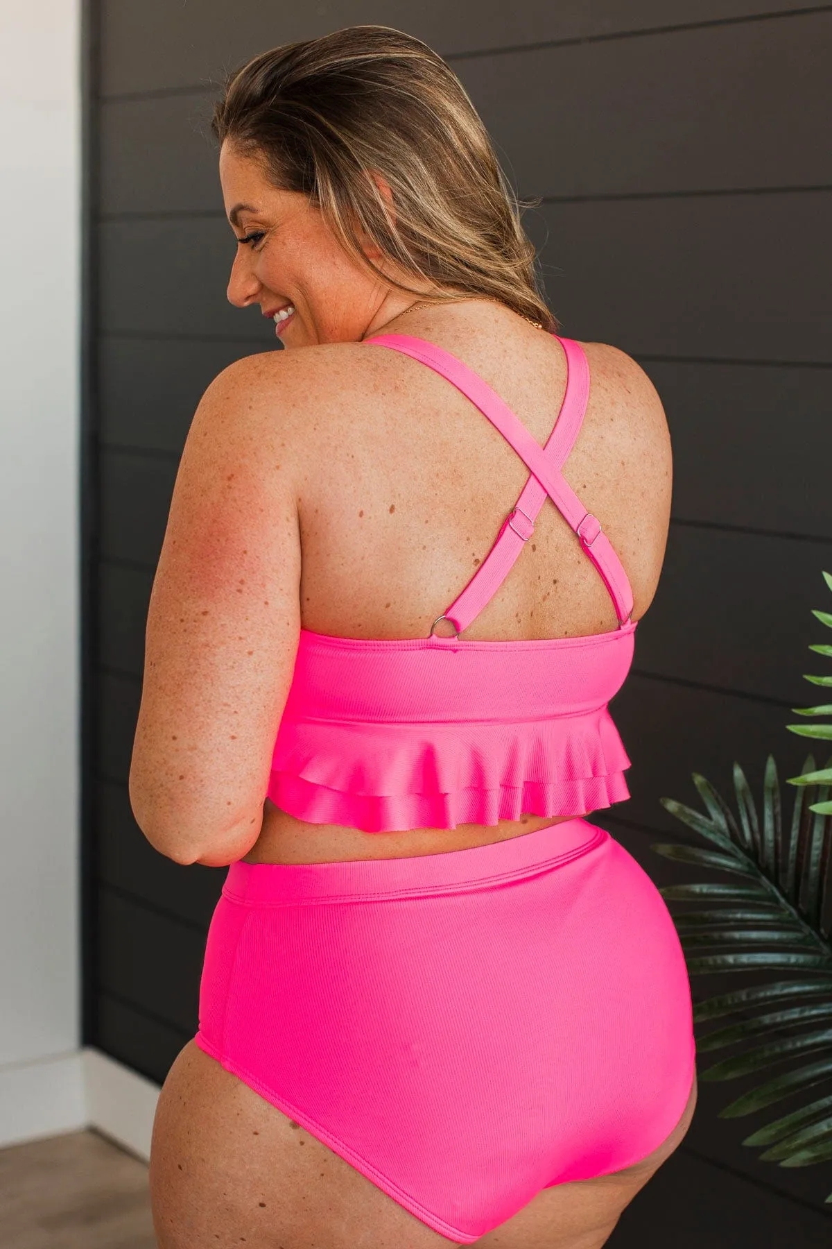 Island Essence Ruffle Swim Top- Hot Pink Ribbed