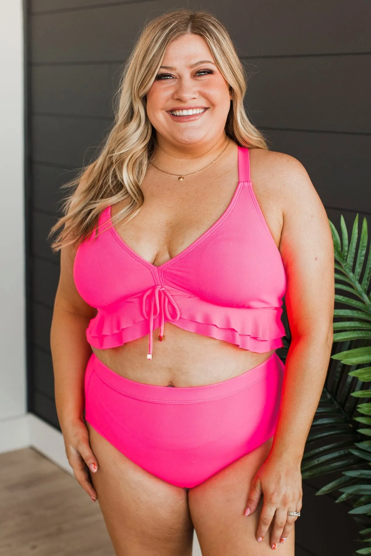 Island Essence Ruffle Swim Top- Hot Pink Ribbed