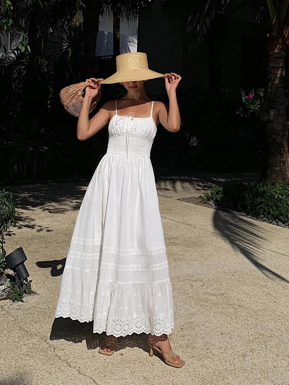 JazzHer Embroidery Shift Shirred Long Dress
