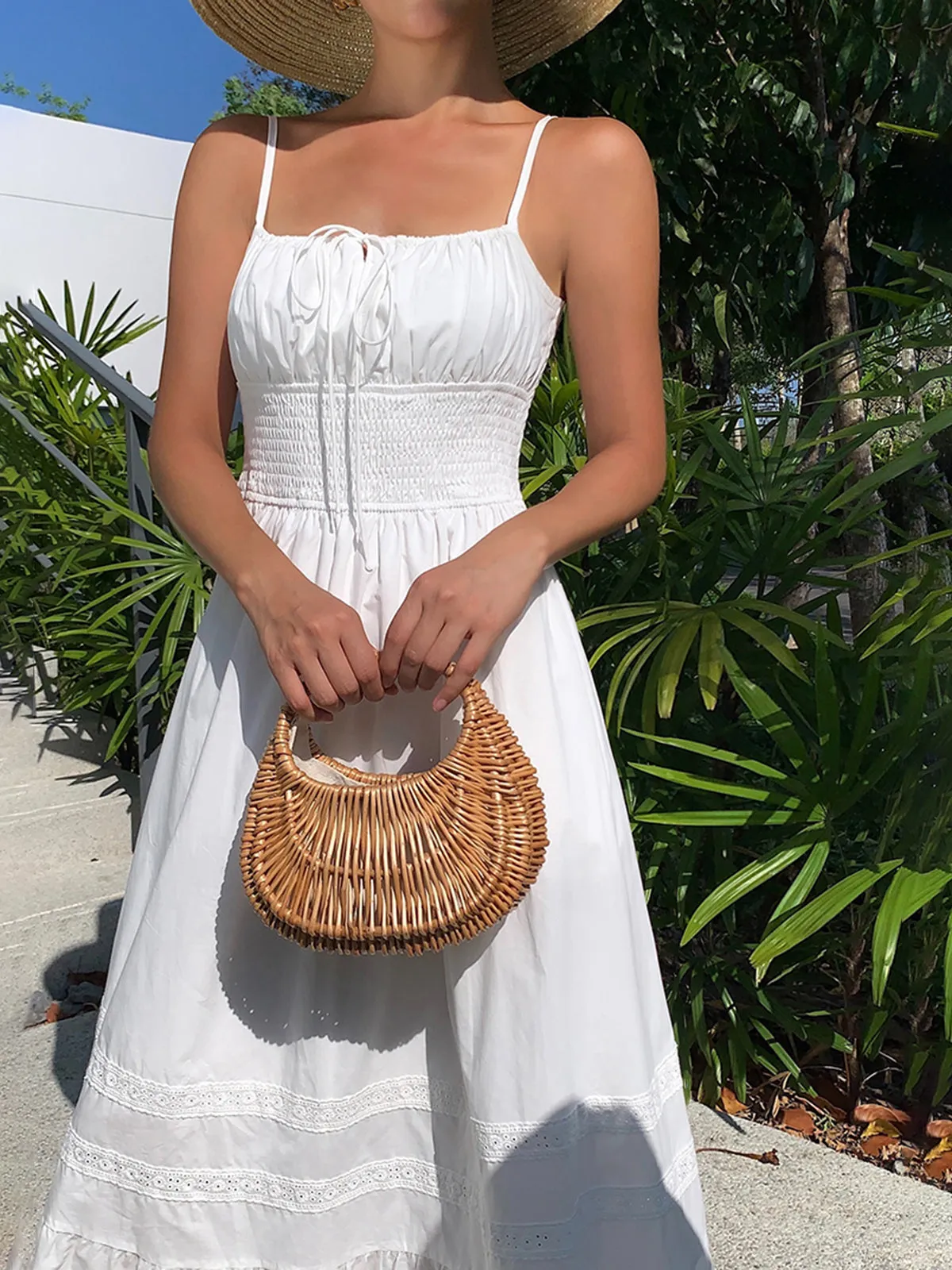 JazzHer Embroidery Shift Shirred Long Dress