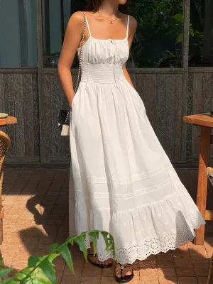 JazzHer Embroidery Shift Shirred Long Dress