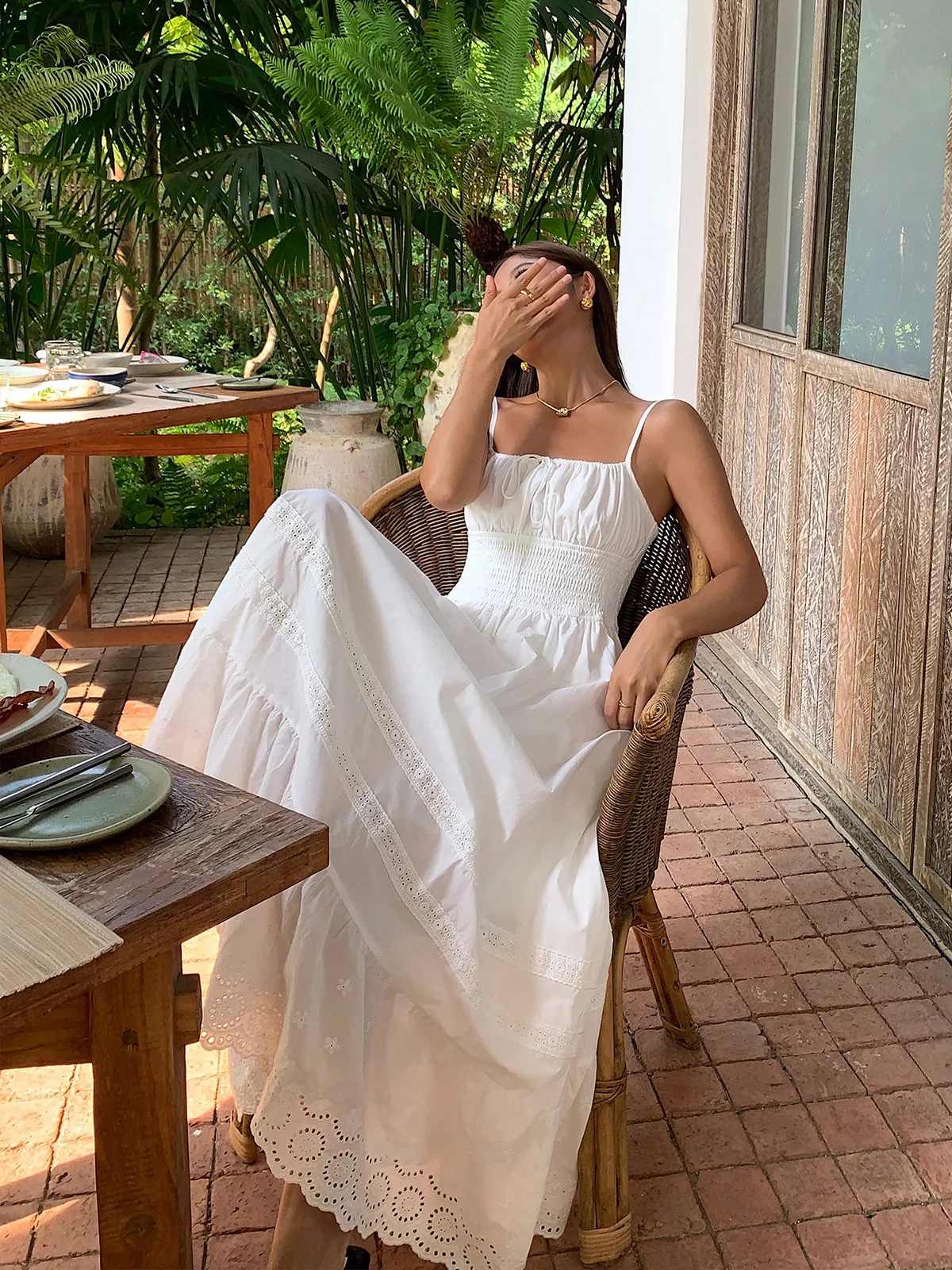 JazzHer Embroidery Shift Shirred Long Dress