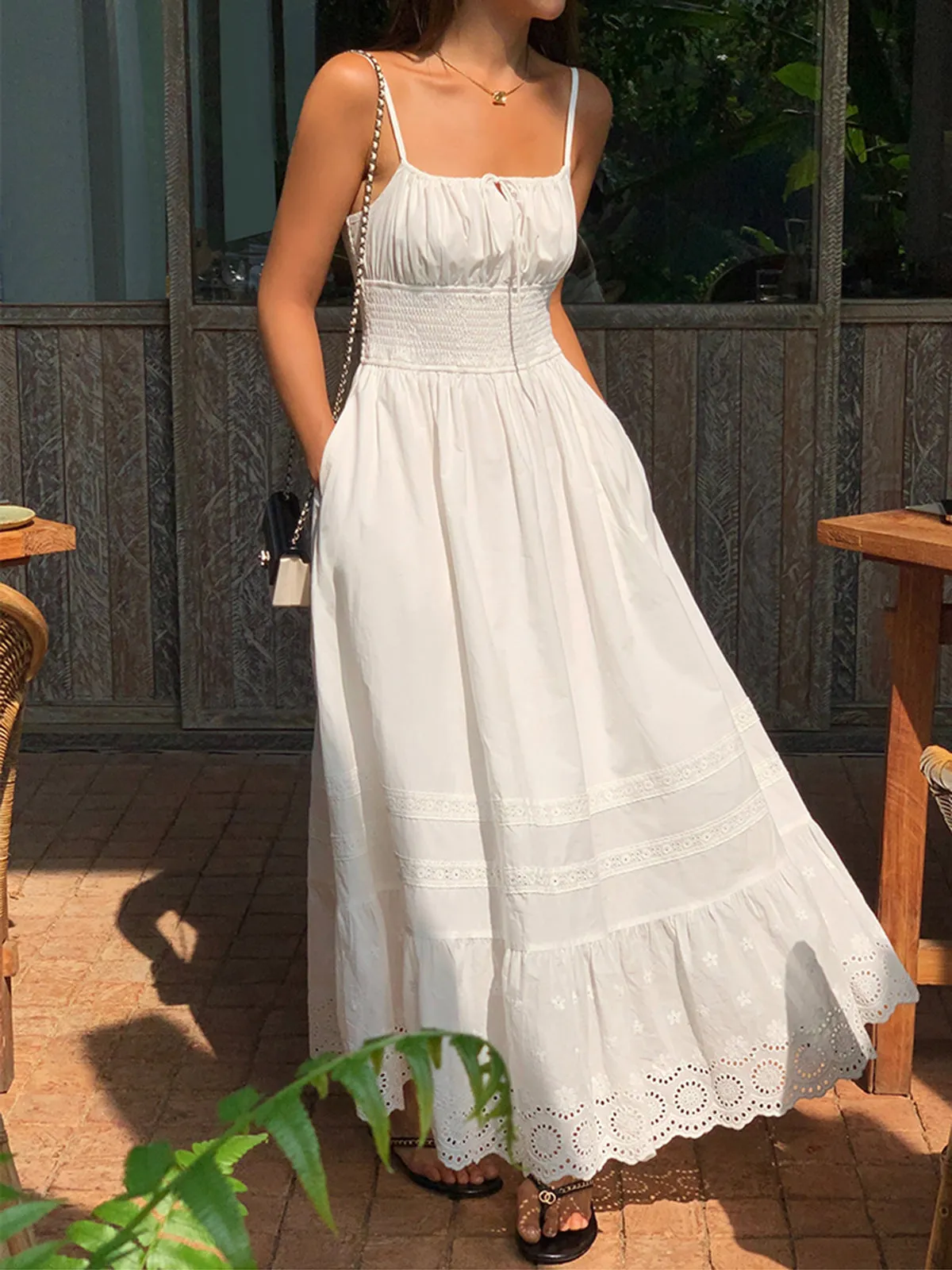 JazzHer Embroidery Shift Shirred Long Dress