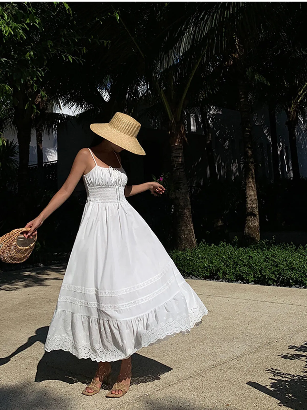 JazzHer Embroidery Shift Shirred Long Dress