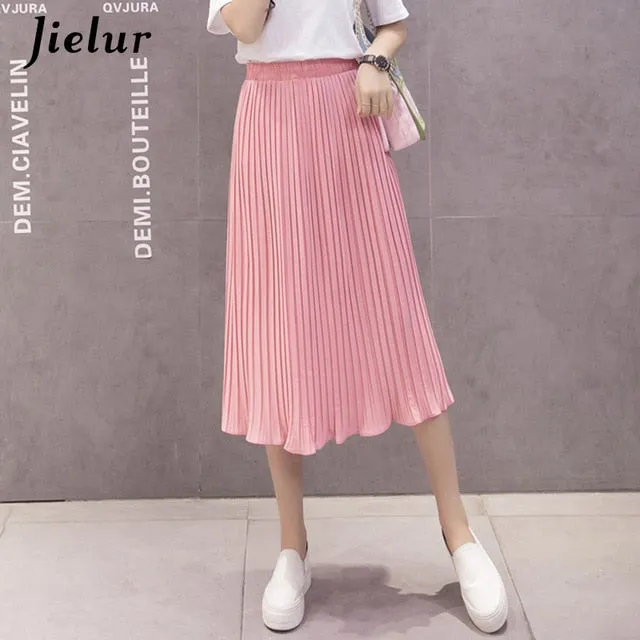 Jielur 6 Colors Korean Fashion Summer Skirt Female Chiffon High Waist Pleated Skirts Womens S-XL Harajuku Faldas Mujer