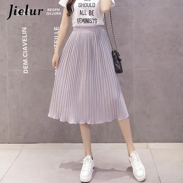 Jielur 6 Colors Korean Fashion Summer Skirt Female Chiffon High Waist Pleated Skirts Womens S-XL Harajuku Faldas Mujer