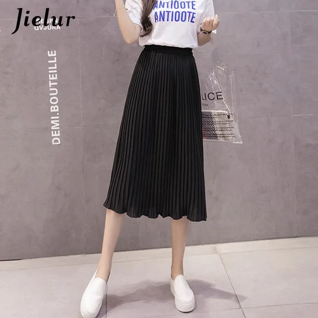 Jielur 6 Colors Korean Fashion Summer Skirt Female Chiffon High Waist Pleated Skirts Womens S-XL Harajuku Faldas Mujer