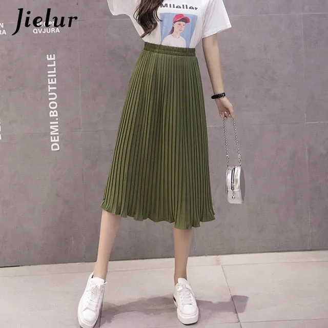 Jielur 6 Colors Korean Fashion Summer Skirt Female Chiffon High Waist Pleated Skirts Womens S-XL Harajuku Faldas Mujer