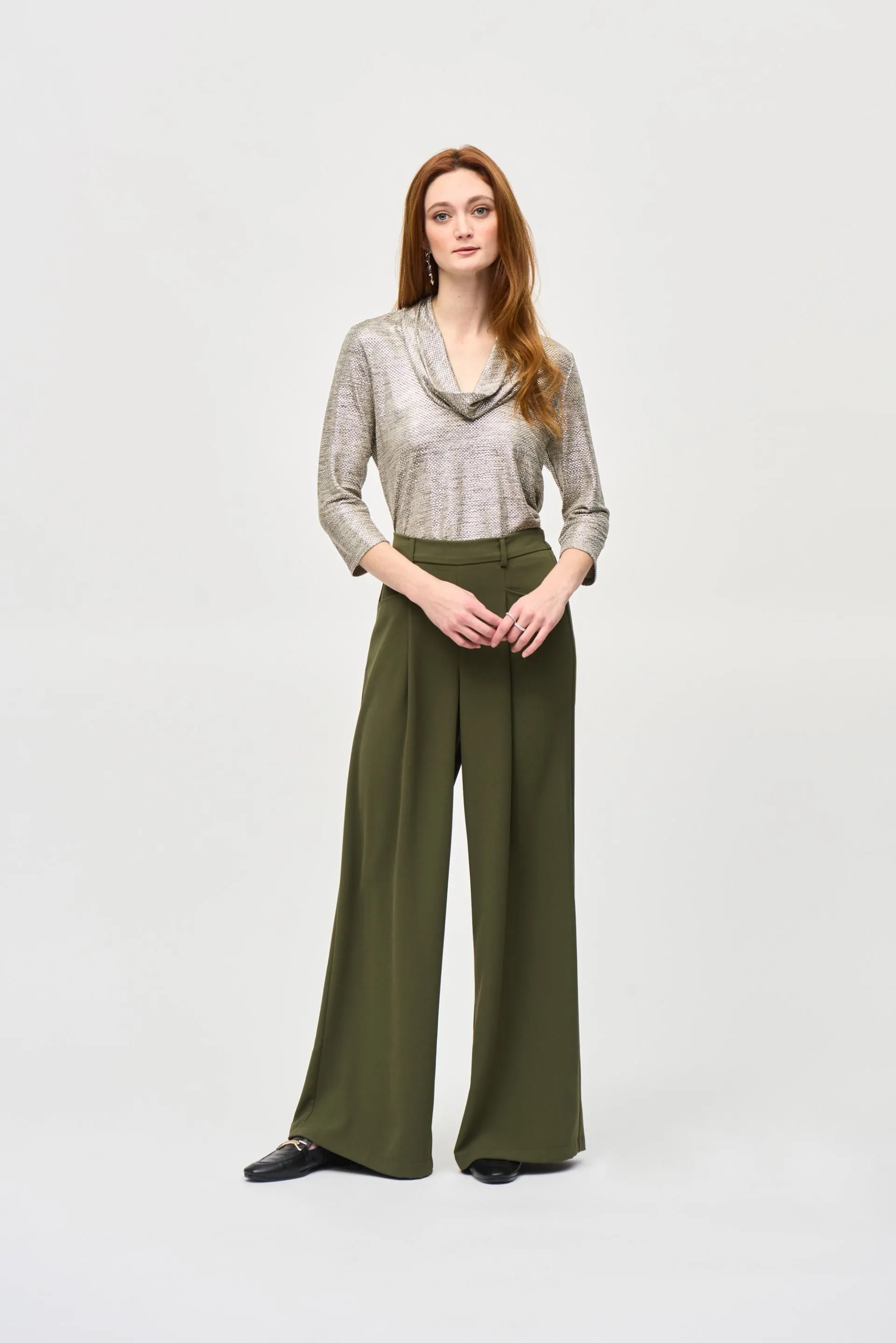 Joseph Ribkoff Foiled Knit Cowl Neck 3/4 Sleeve Top 243167