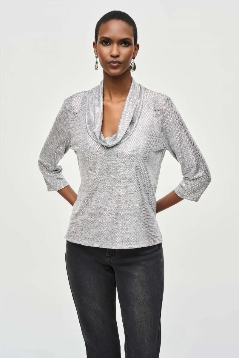 Joseph Ribkoff Foiled Knit Cowl Neck 3/4 Sleeve Top 243167