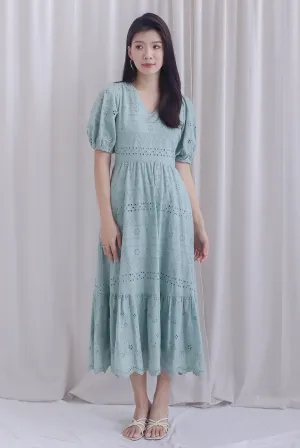 Juliette Eyelet Puffy Sleeve V Neck Midi Dress In Seafoam