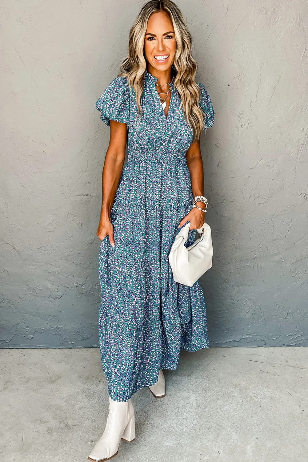 KaleaBoutique Printed V Neck Shirred Short Puff Sleeve Maxi Dress