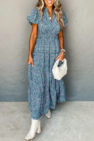 KaleaBoutique Printed V Neck Shirred Short Puff Sleeve Maxi Dress
