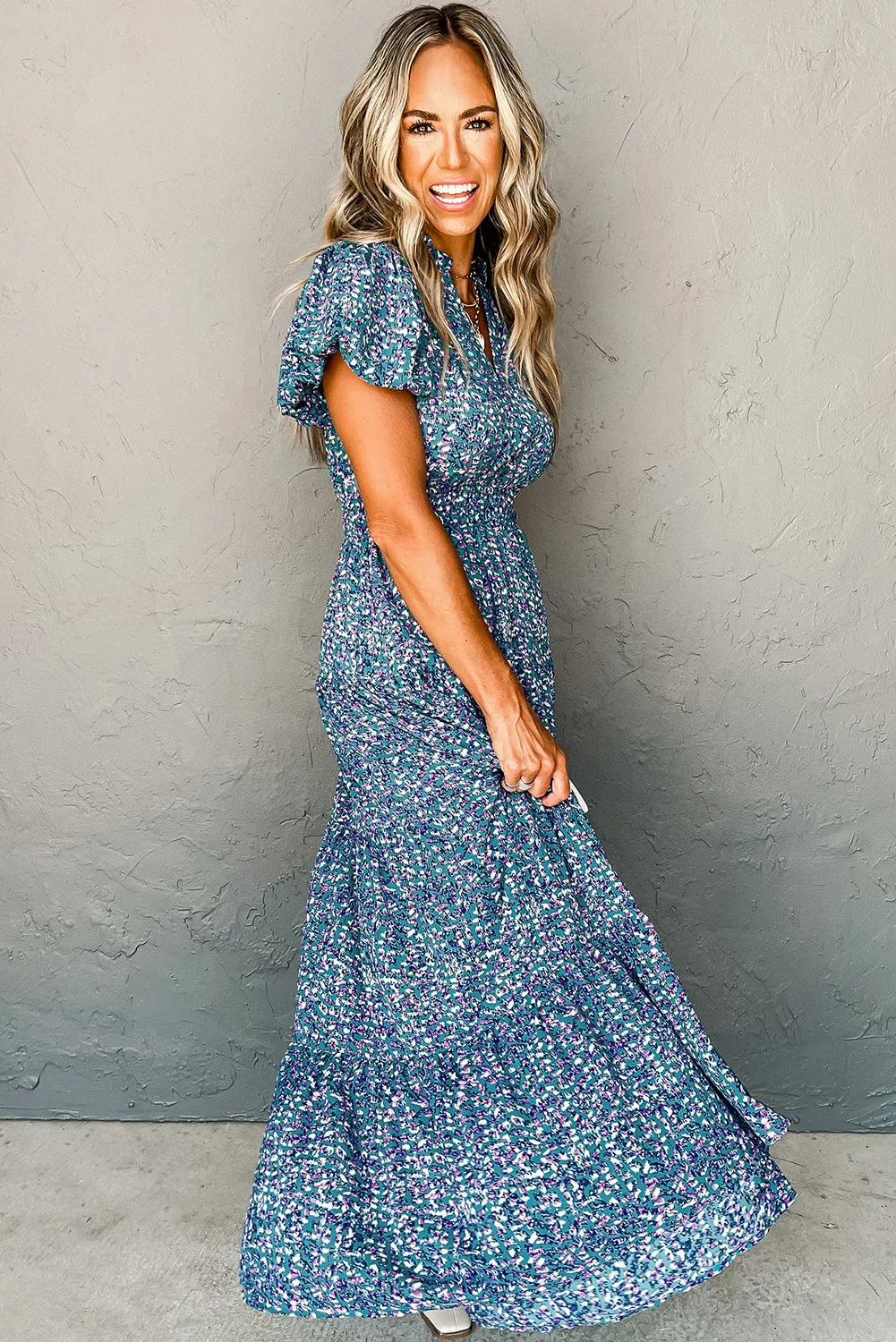 KaleaBoutique Printed V Neck Shirred Short Puff Sleeve Maxi Dress