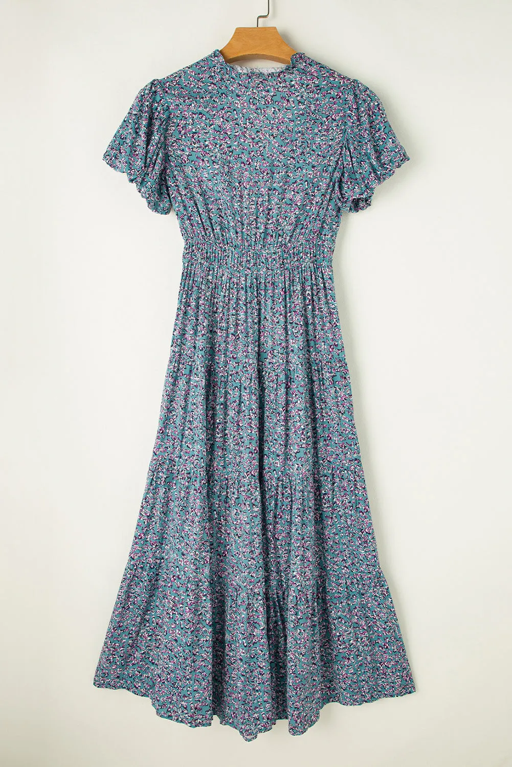 KaleaBoutique Printed V Neck Shirred Short Puff Sleeve Maxi Dress