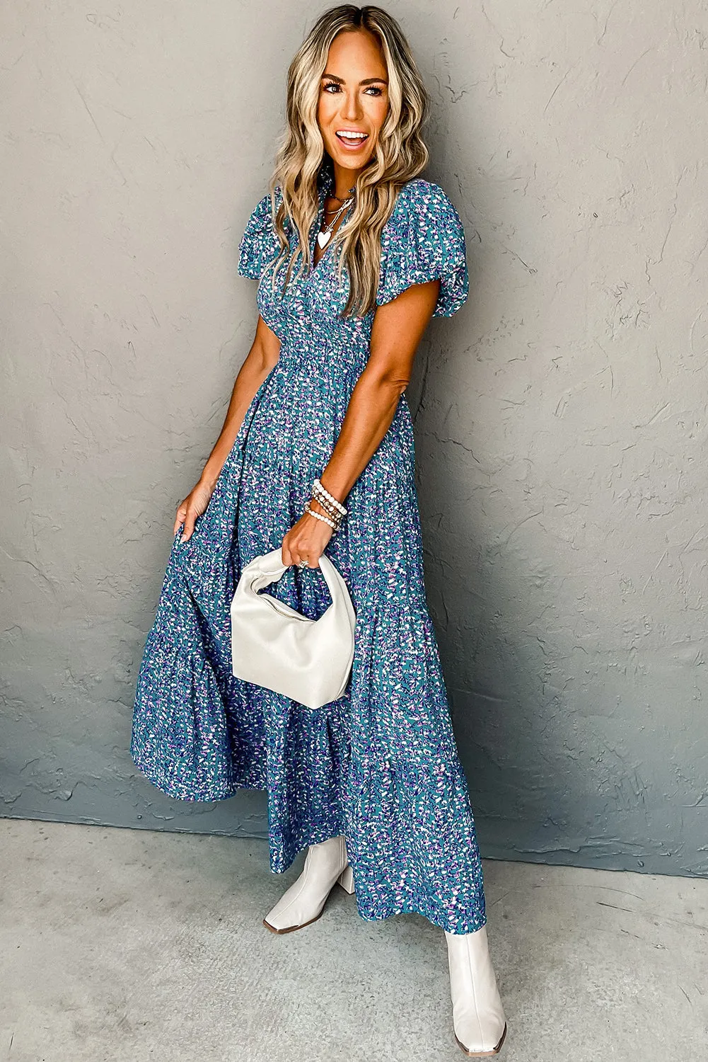 KaleaBoutique Printed V Neck Shirred Short Puff Sleeve Maxi Dress