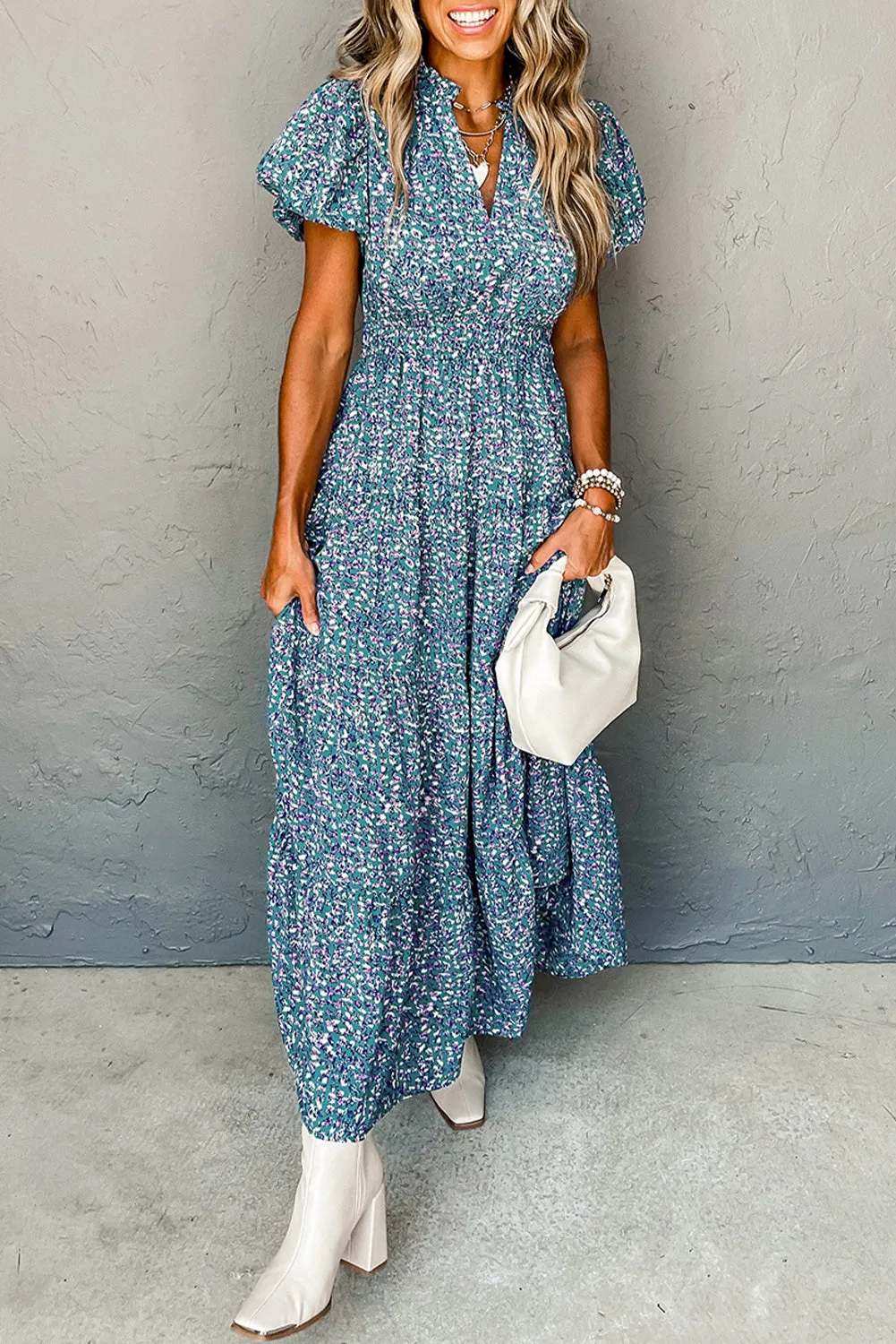KaleaBoutique Printed V Neck Shirred Short Puff Sleeve Maxi Dress