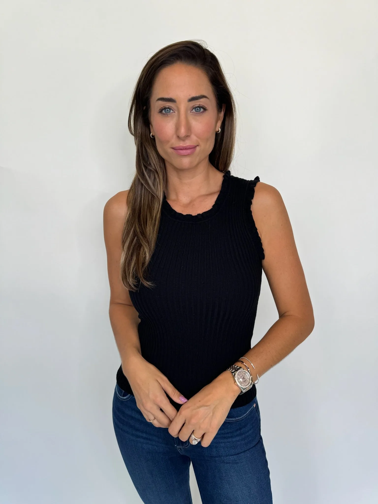 KLD S/L Ribbed Top With Ruffles