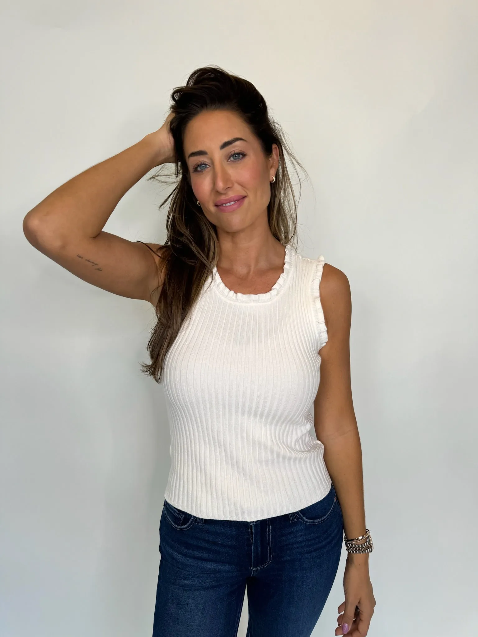 KLD S/L Ribbed Top With Ruffles