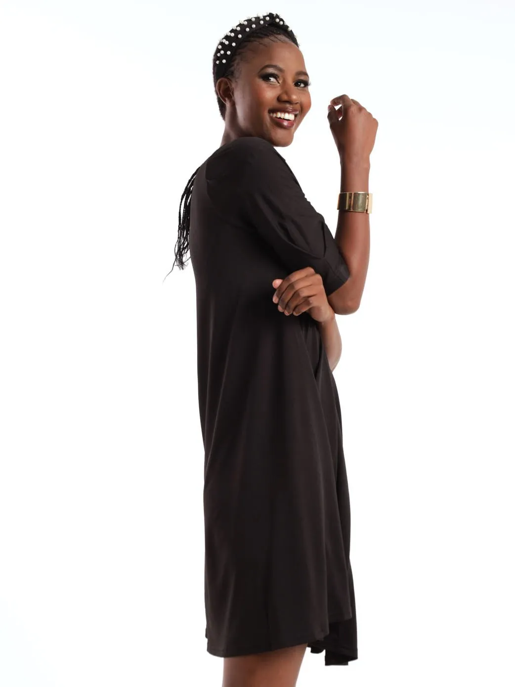 Ladies Gathered Sleeve Trapeze Shift Dress - Black