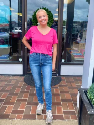 Ladies Magenta Slub V-Neck Top