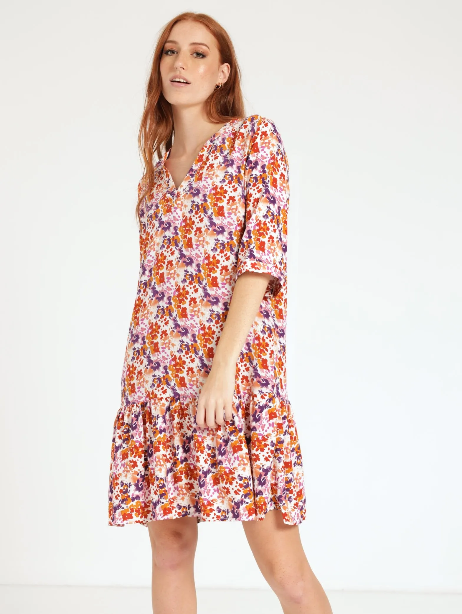 Ladies Short Sleeve Drop Hem Shift Dress - Purple