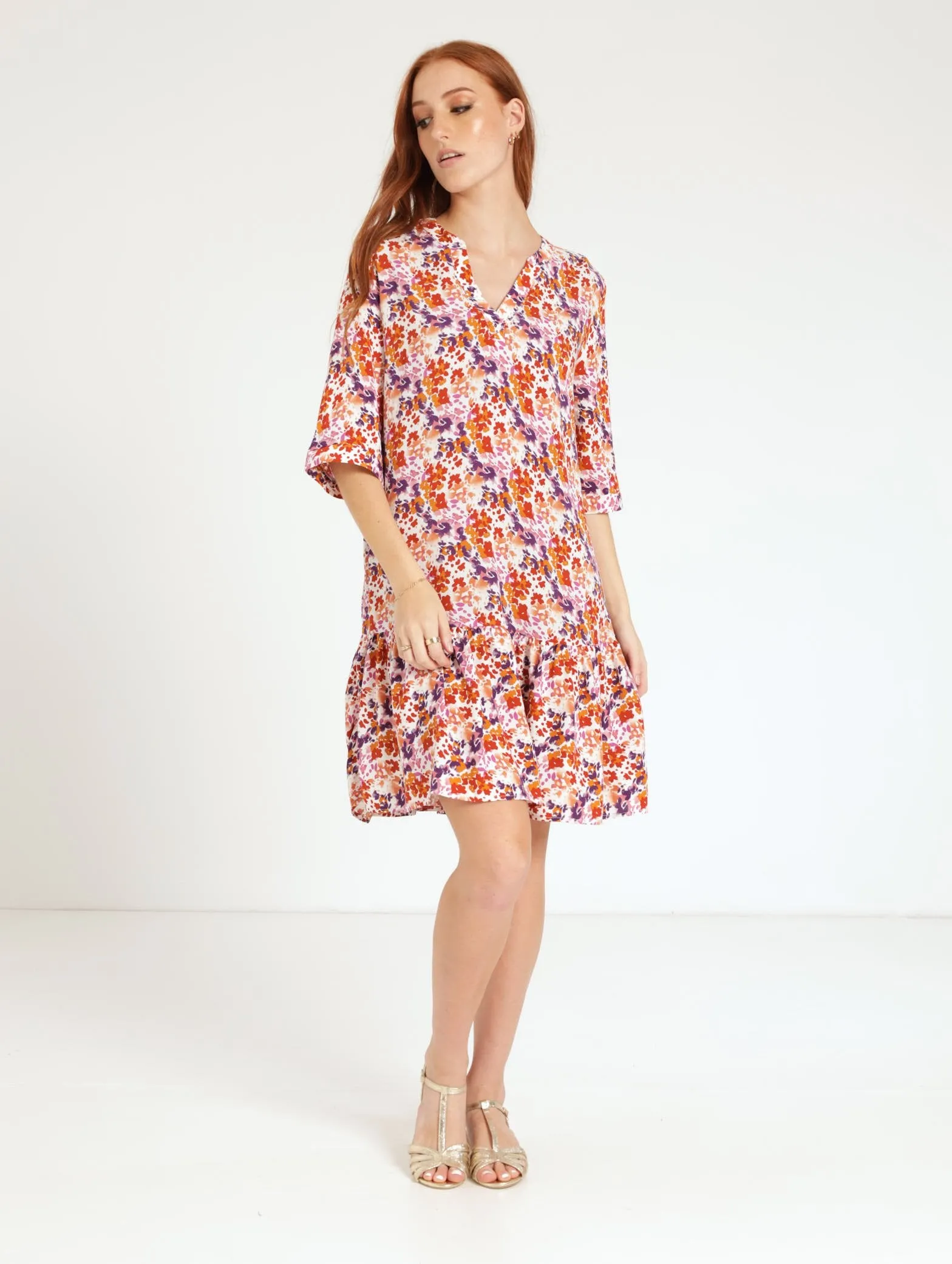 Ladies Short Sleeve Drop Hem Shift Dress - Purple