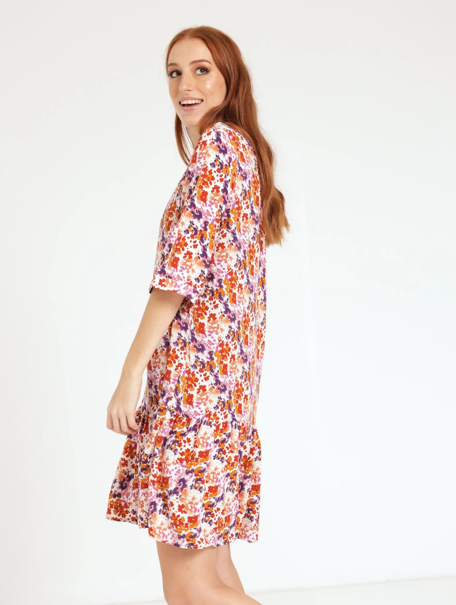 Ladies Short Sleeve Drop Hem Shift Dress - Purple