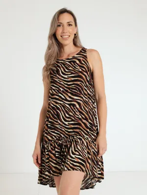 Ladies Sleeveless Tier Hem Shift Dress - Animal