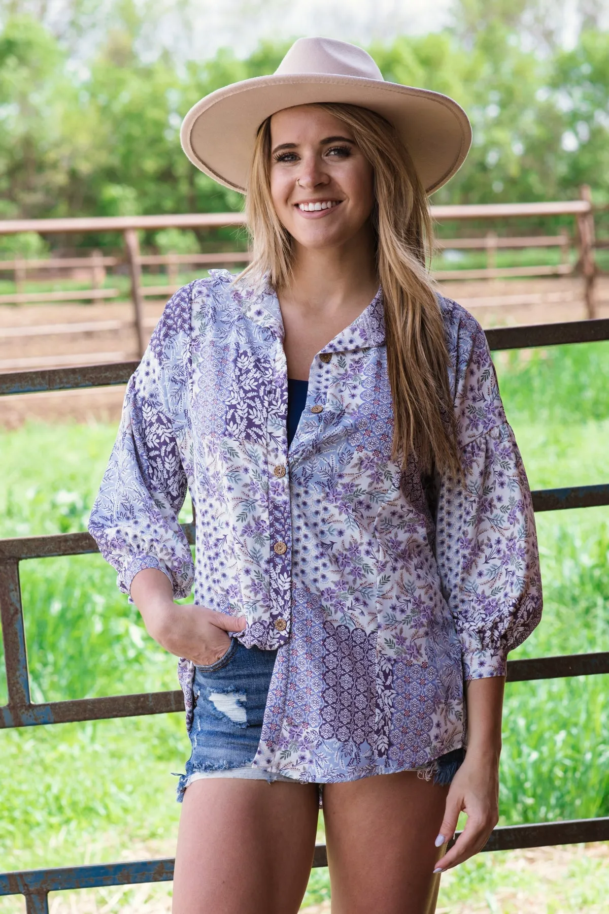 Lavender and White Floral Patchwork Top