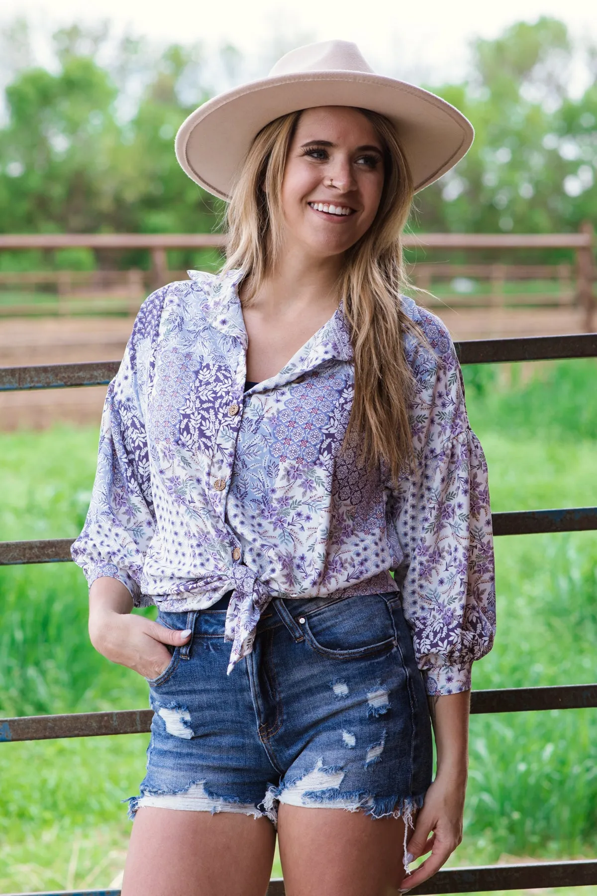Lavender and White Floral Patchwork Top