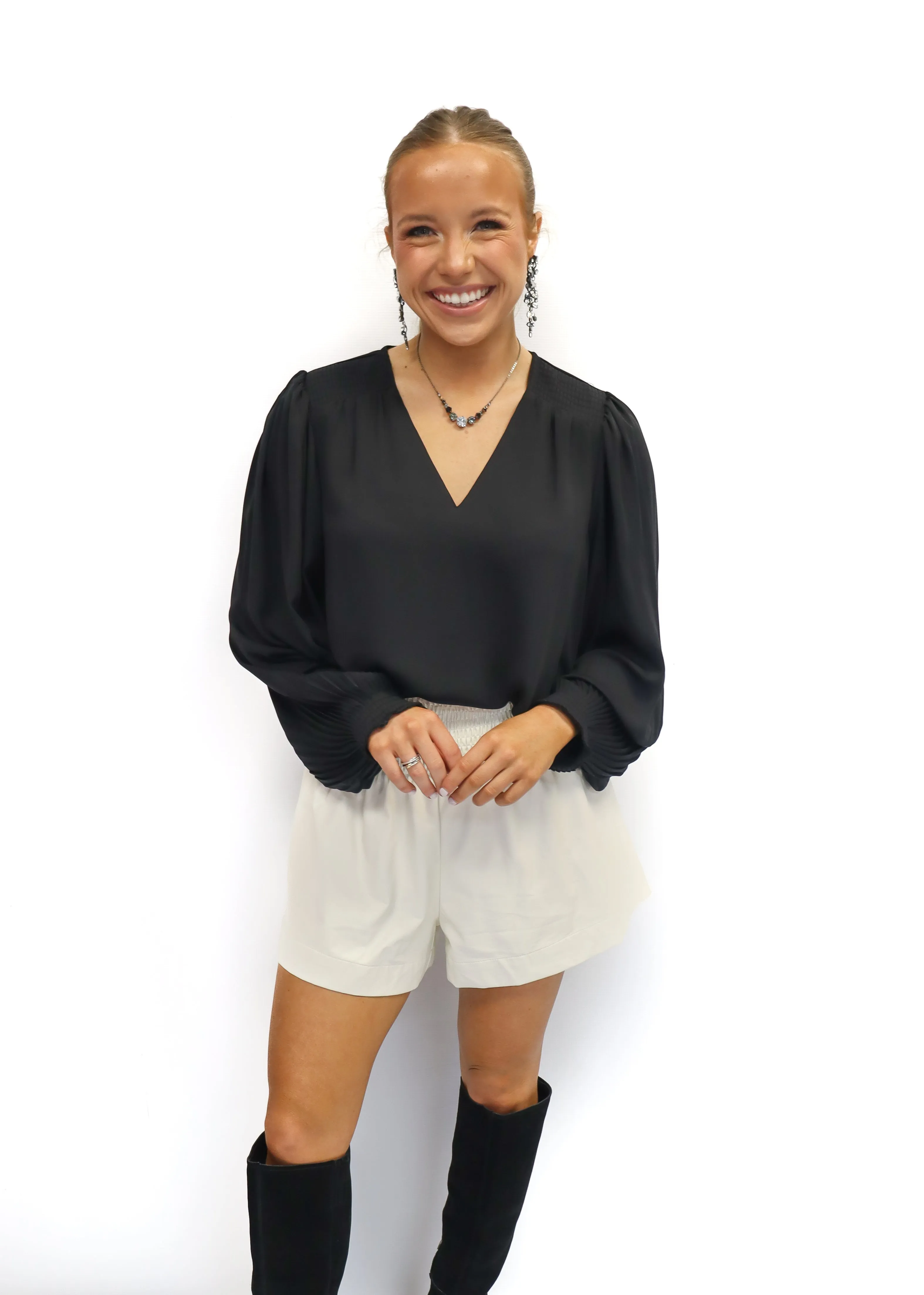 LBLOX V-Neck Pleated Sleeve Top - Black