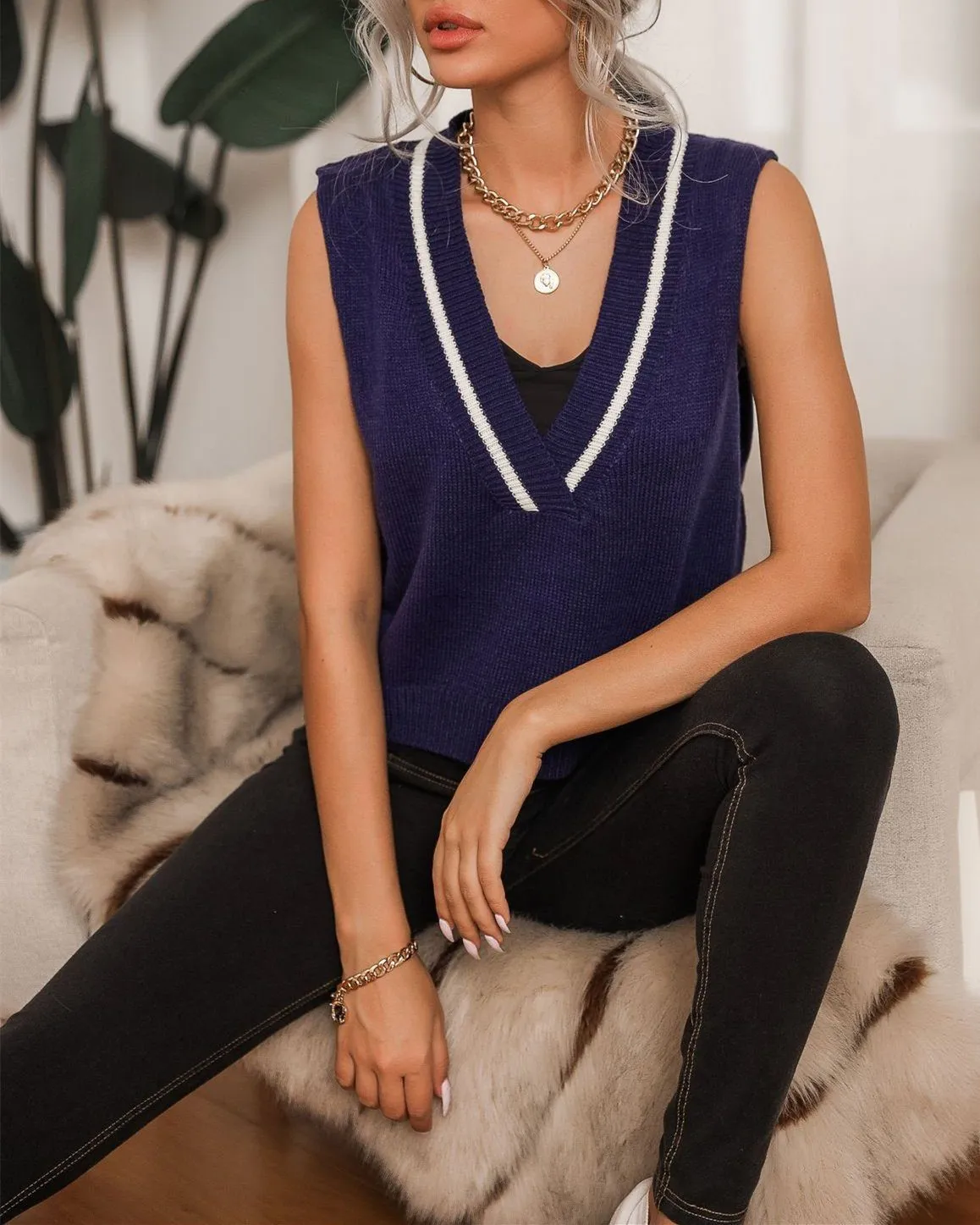 Let's Just Chill Striped Ribbed Knit V-Neck Tank Top - Blue