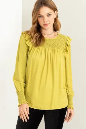 Lime Green Smock Yoke Ruffle L/S Top