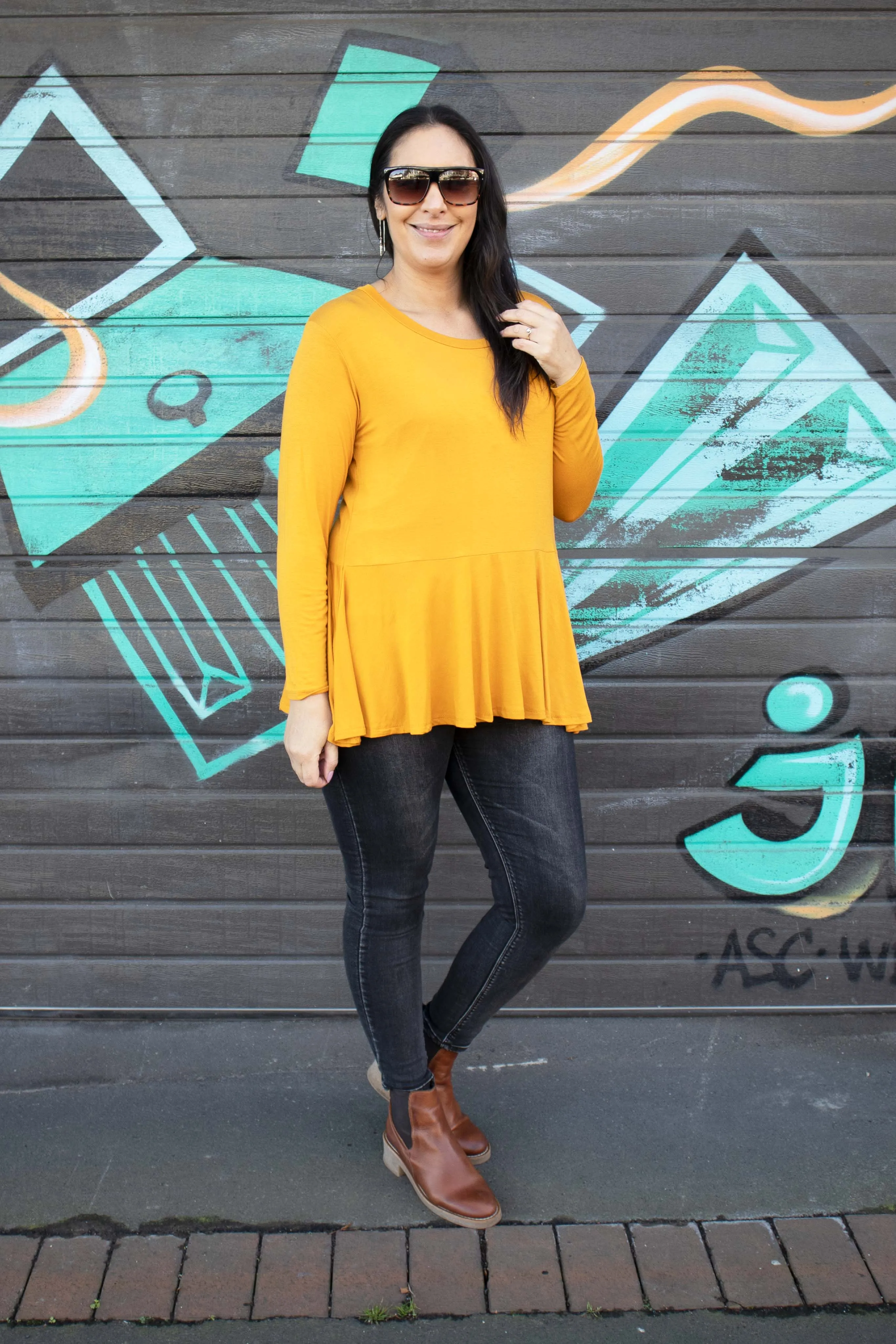 LS Loose Ruffle Hem Top - Mustard