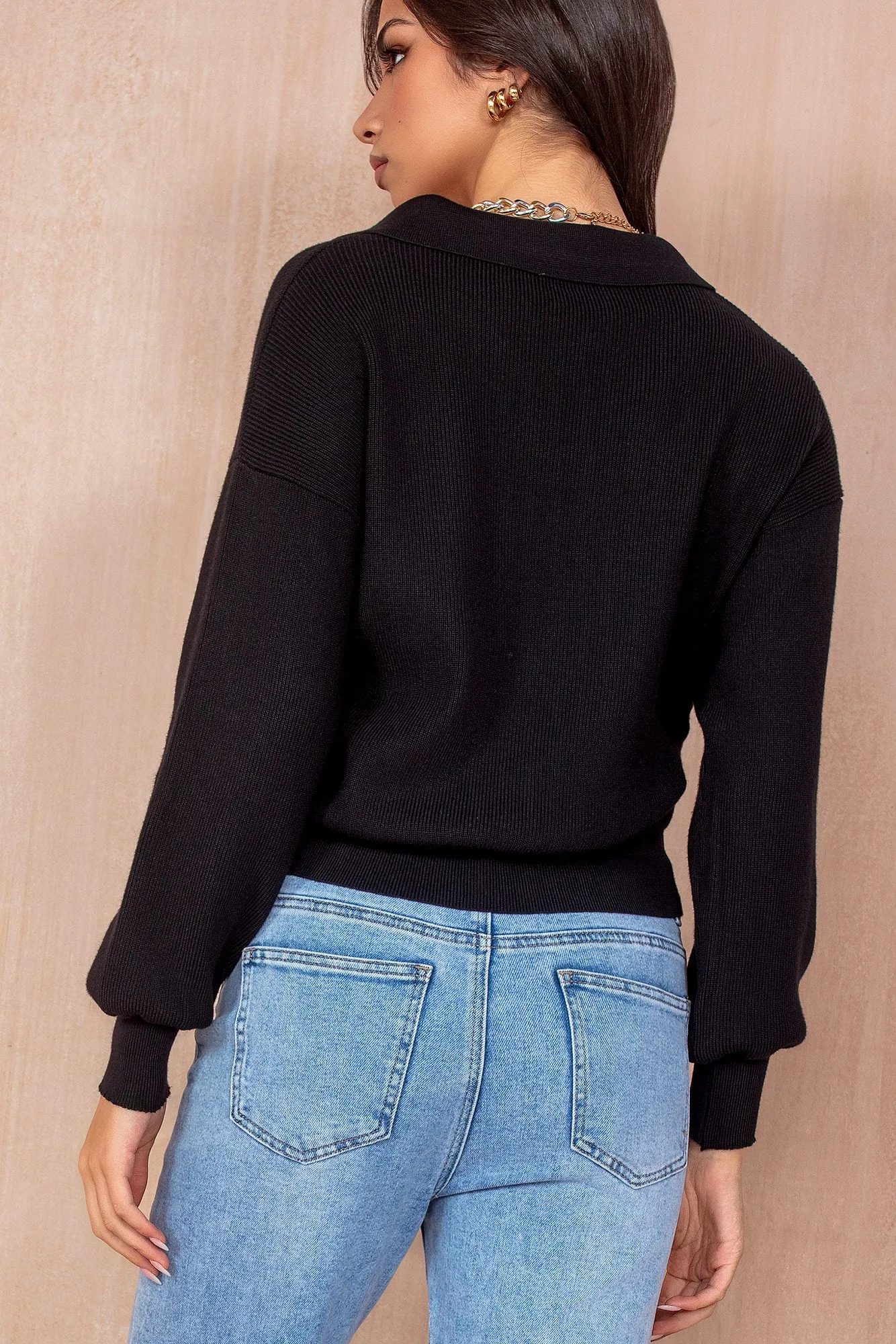 Lucinda Black Knit Rugby Top
