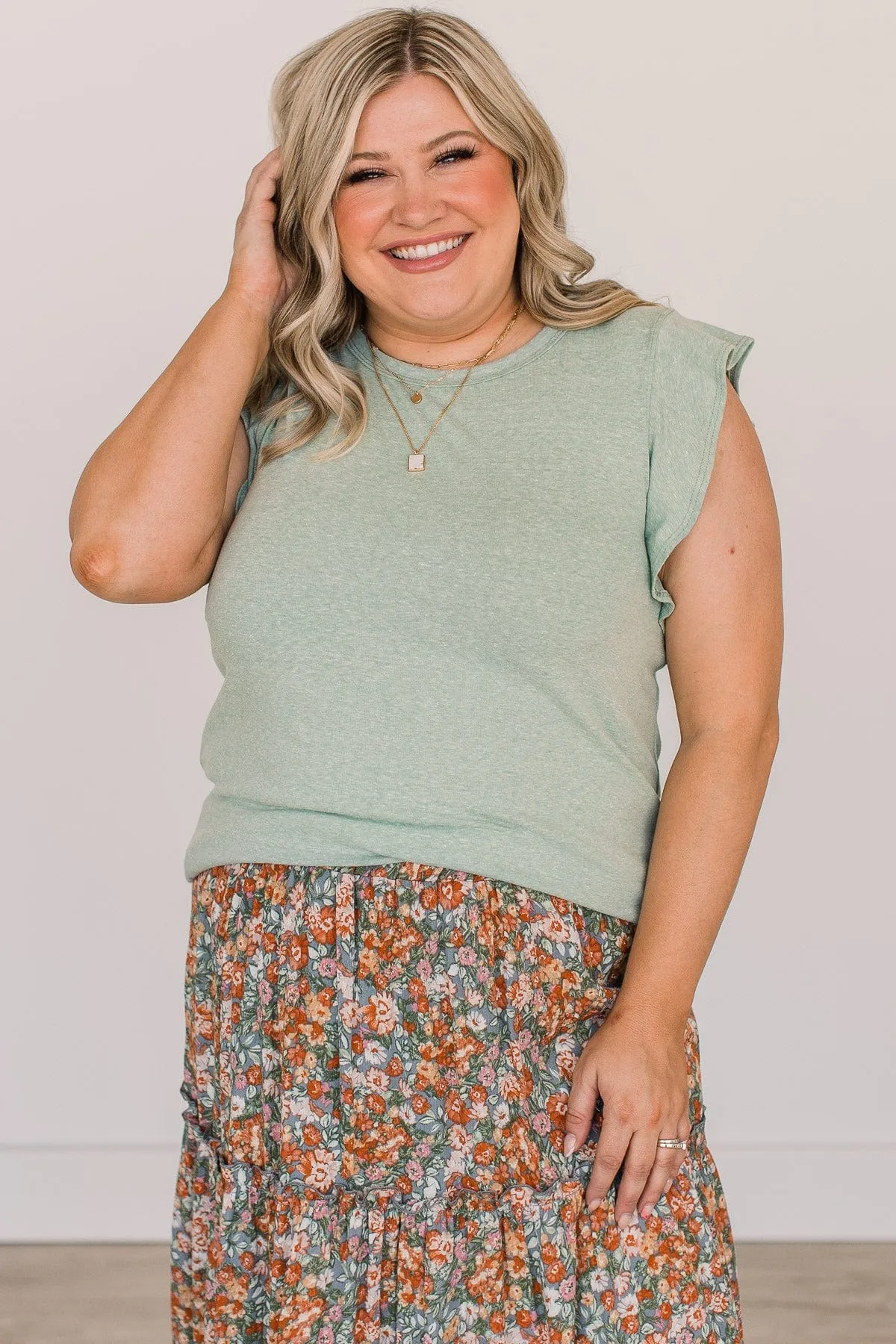 Lucky You Ruffle Sleeve Top- Sage