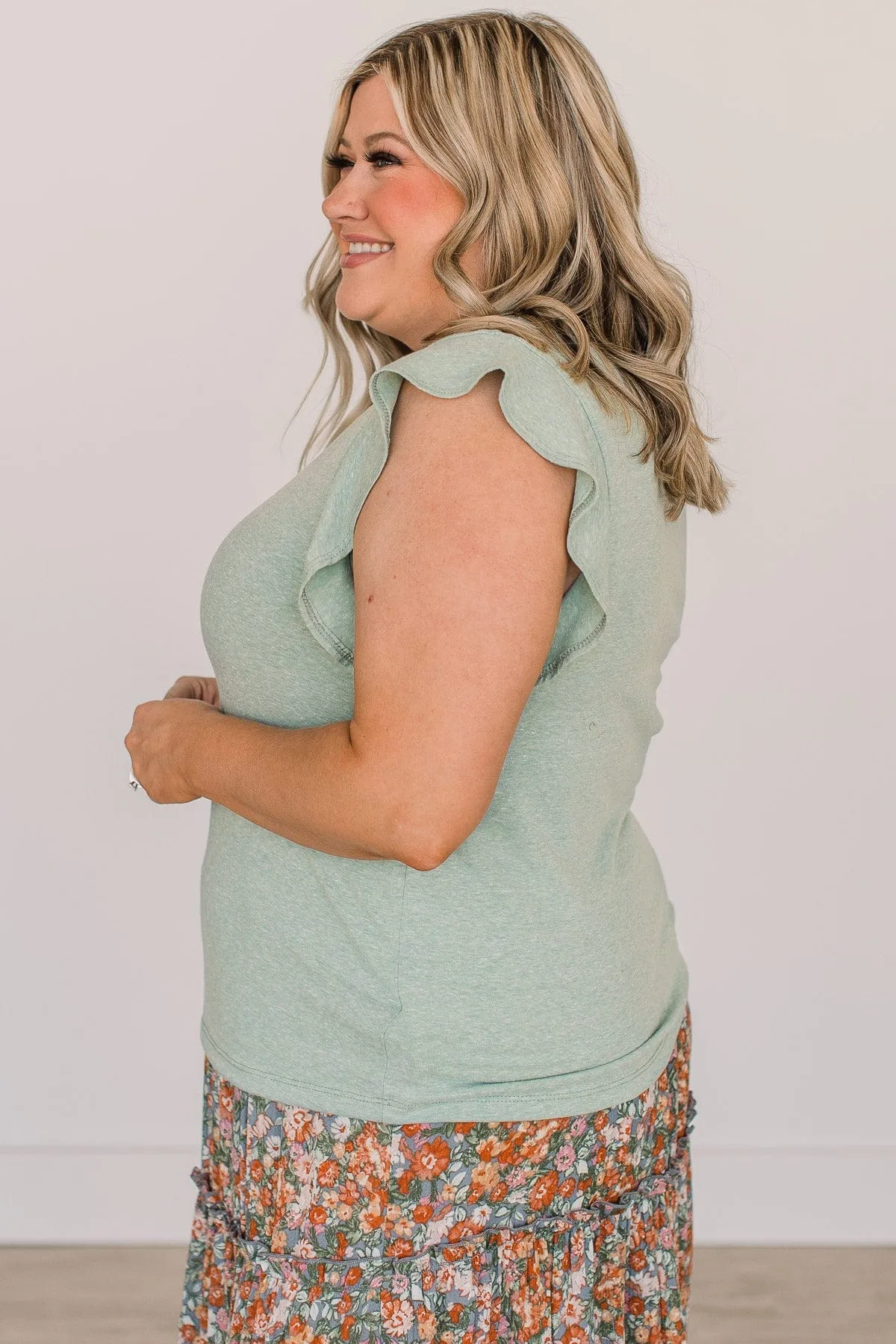 Lucky You Ruffle Sleeve Top- Sage