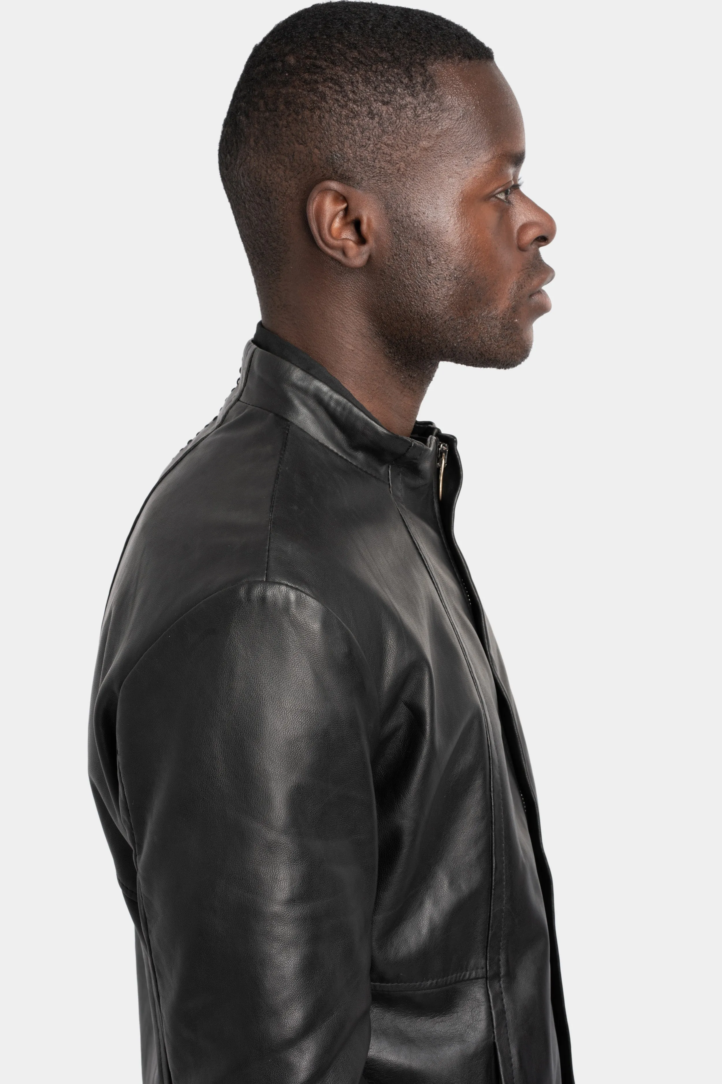 Mandarin collar leather jacket