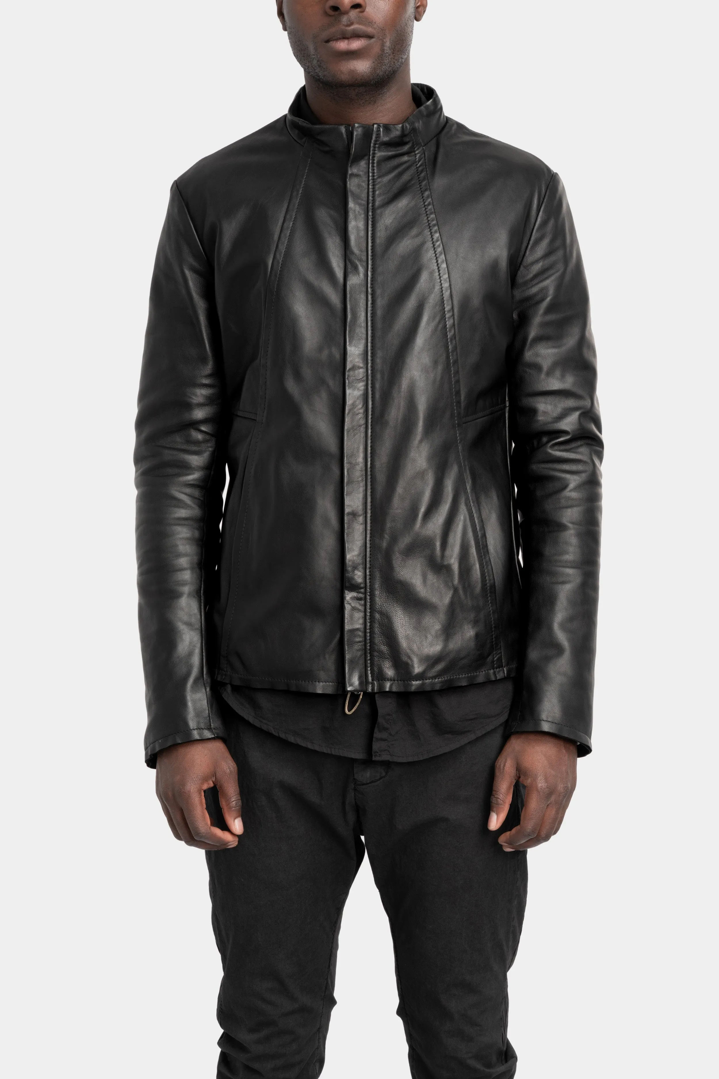 Mandarin collar leather jacket