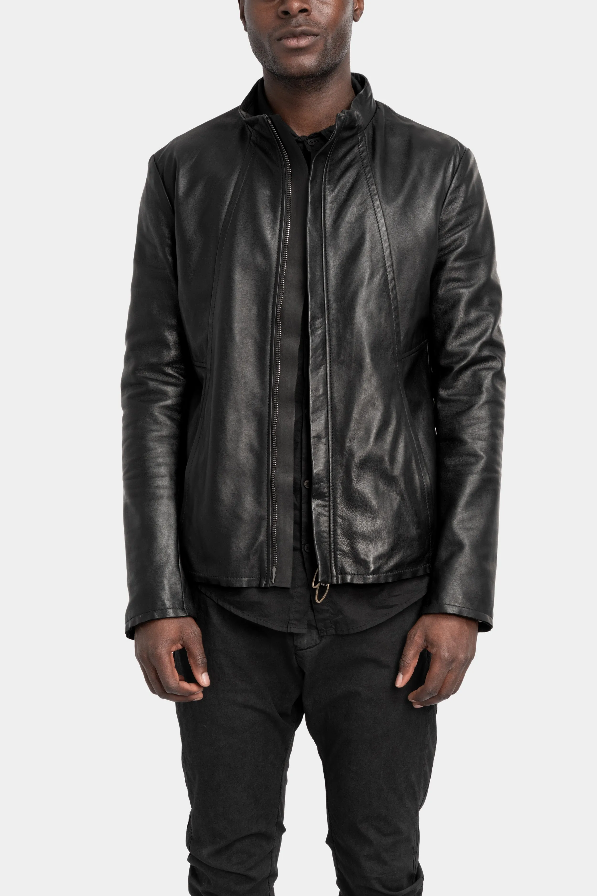 Mandarin collar leather jacket