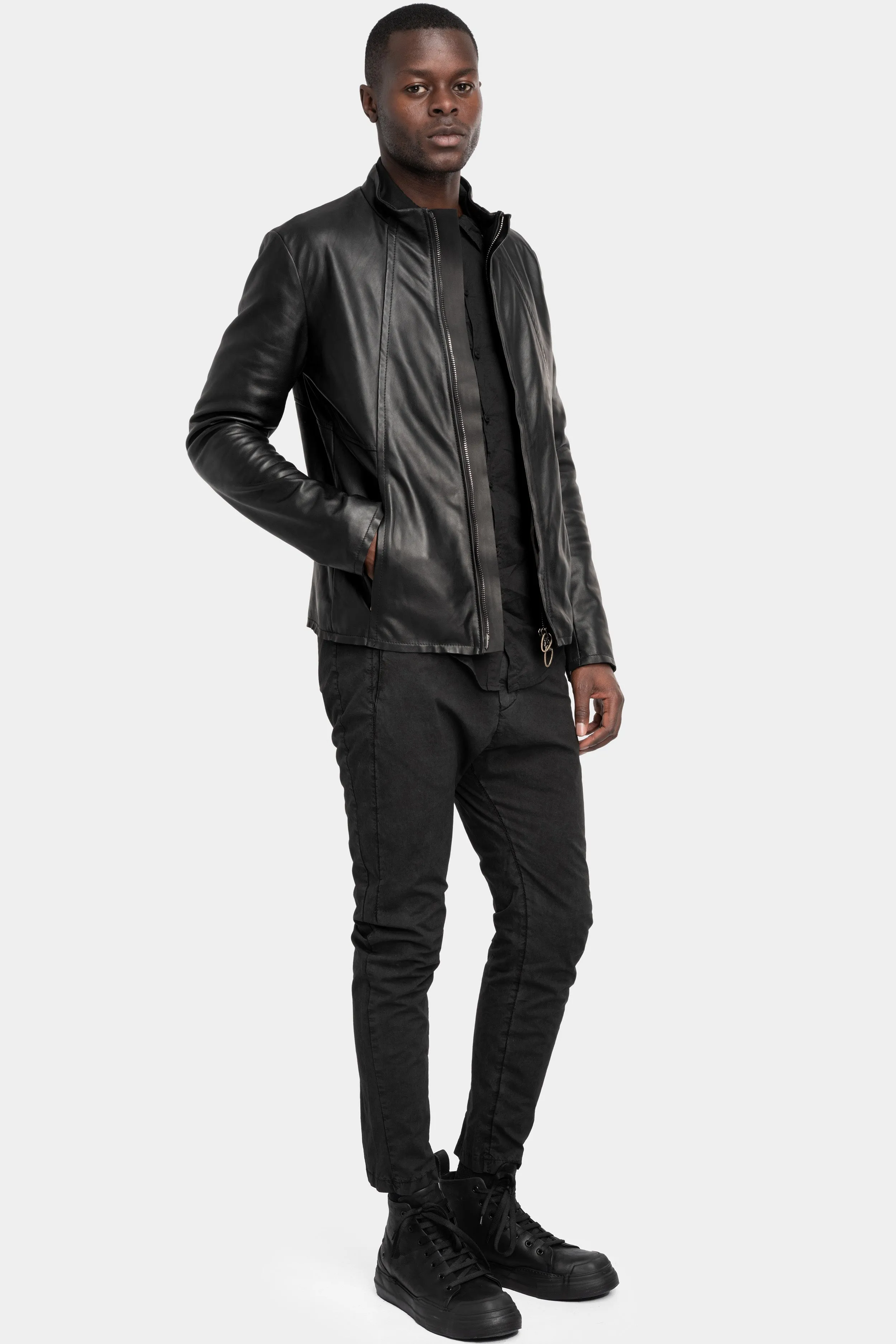 Mandarin collar leather jacket