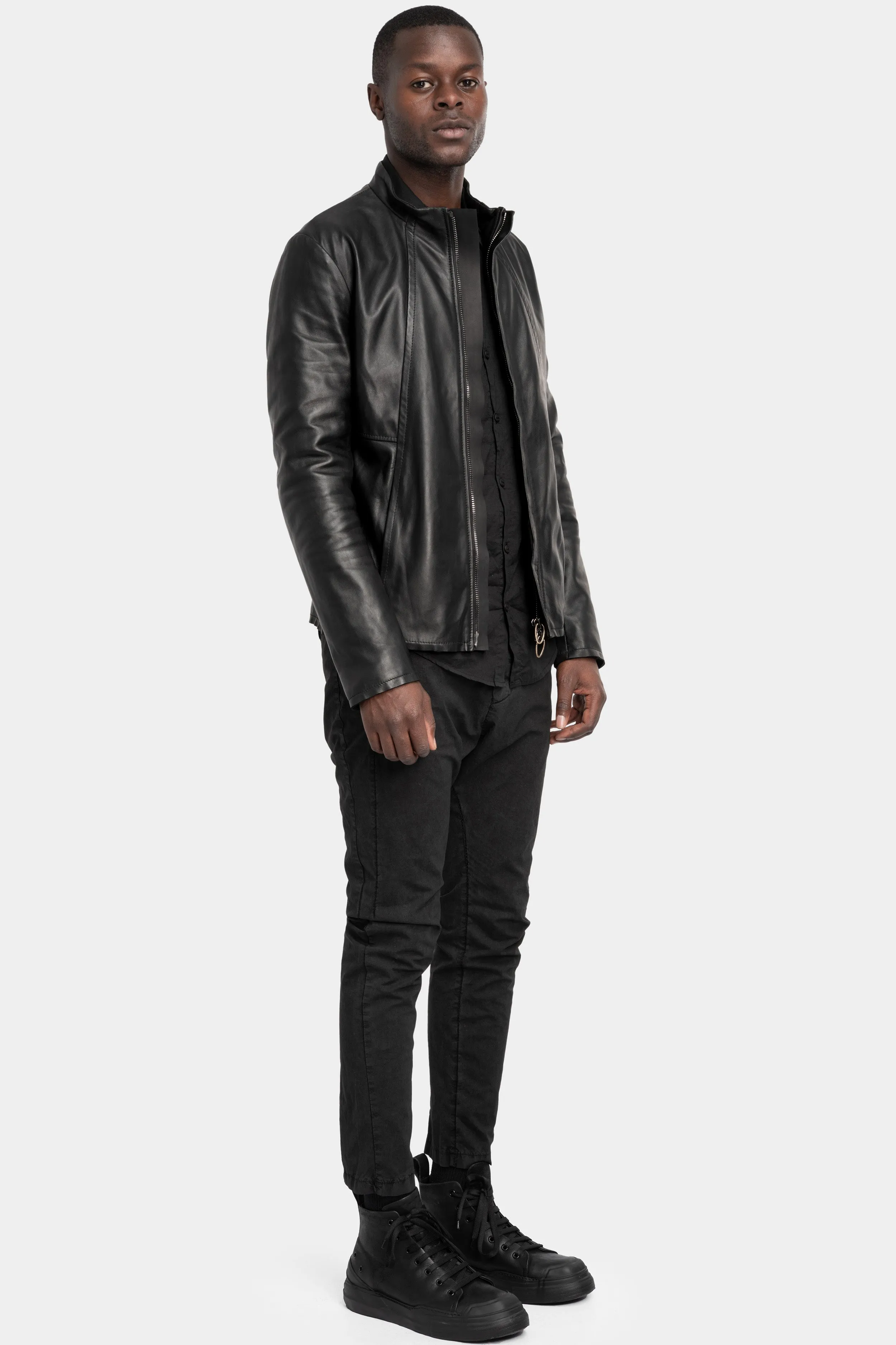 Mandarin collar leather jacket