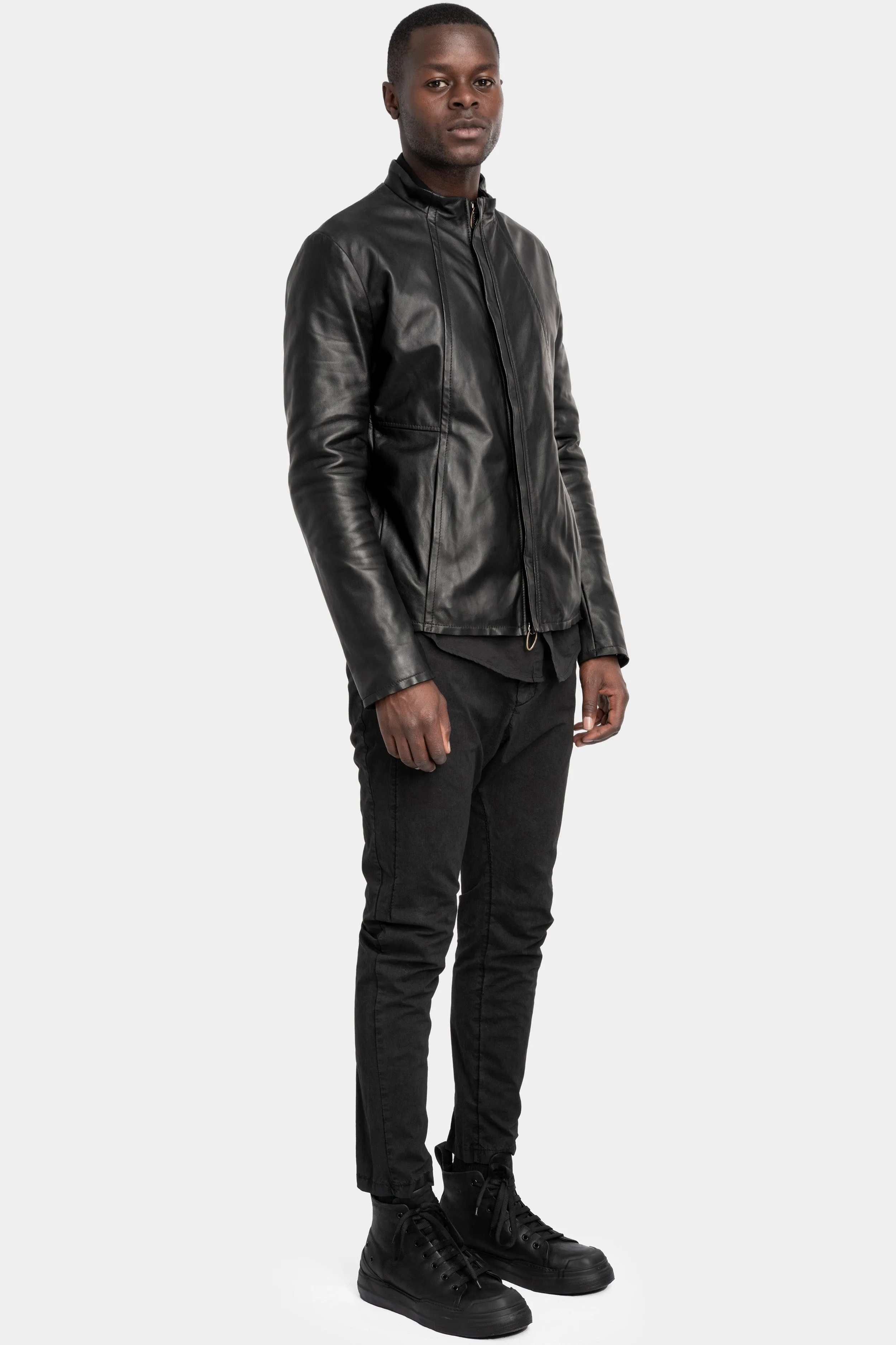 Mandarin collar leather jacket