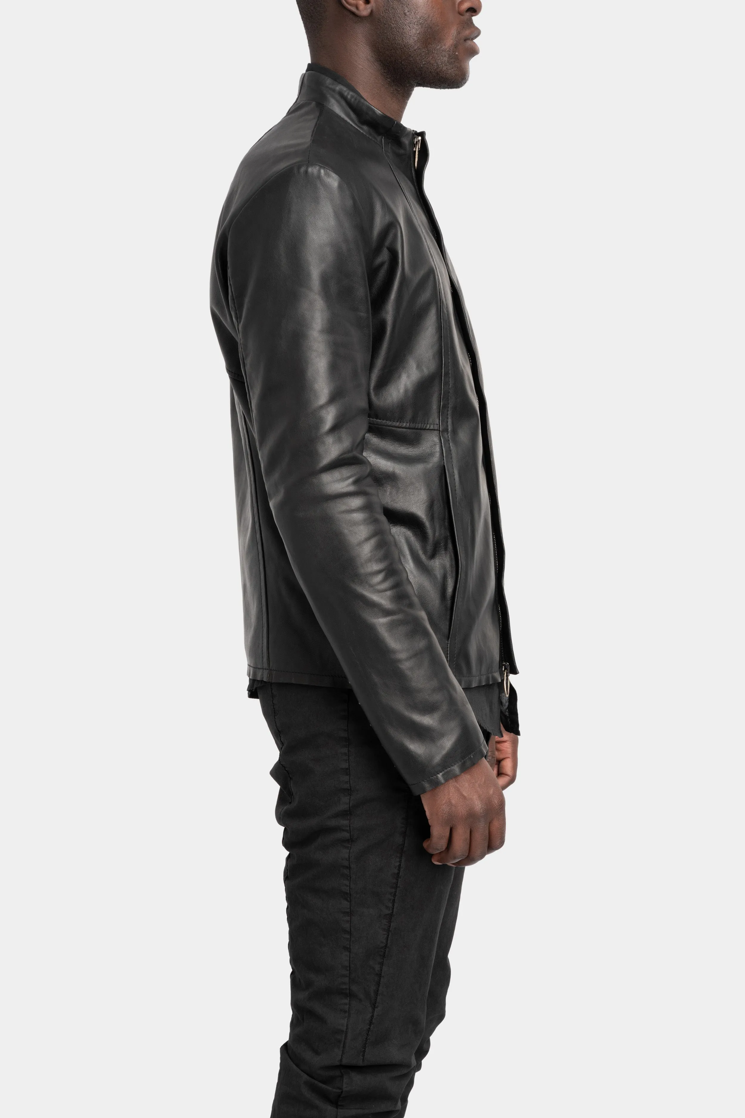 Mandarin collar leather jacket