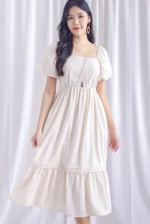 Marisa Puffy Sleeve Pintuck Cut Out Maxi Dress In Cream